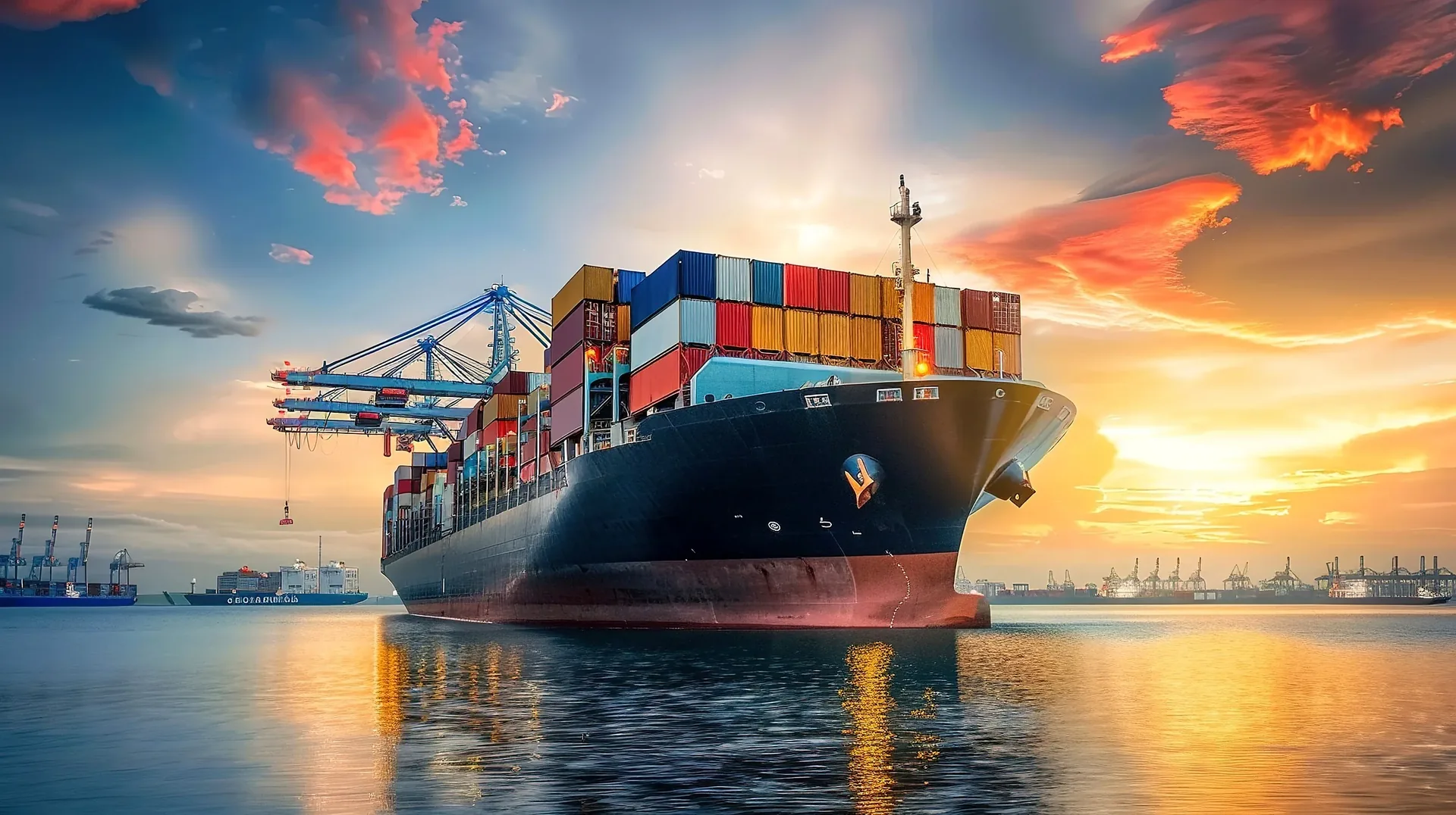 Buque portacontenedores en puerto al atardecer con grúas y contenedores