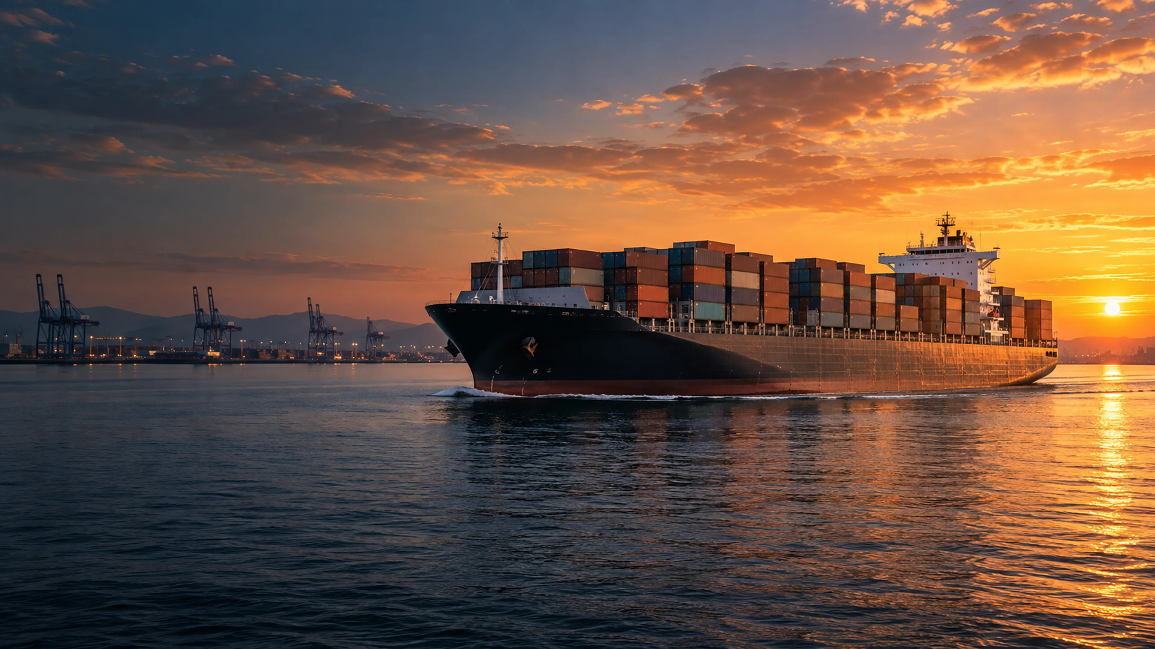 Buque portacontenedores en puerto al atardecer con grúas y contenedores